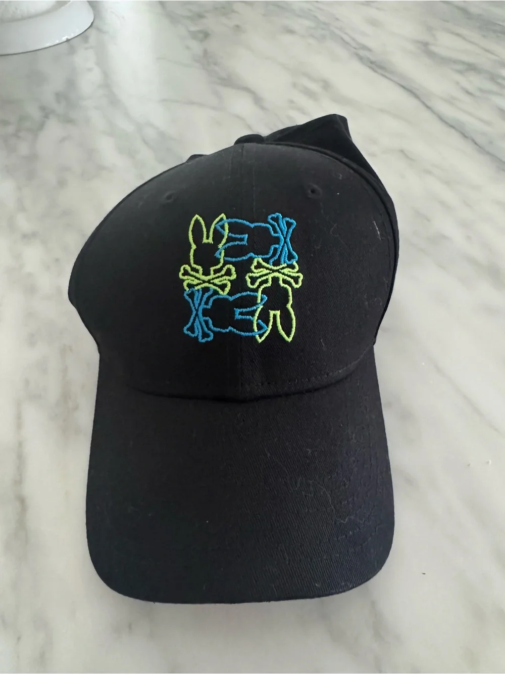 Psycho Bunny Black Cap with Neon Blue & Neon Green Bunny Motif